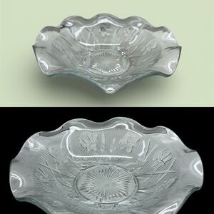 (2) Jeannette Glass Iris & Herringbone Depression Glass Ruffled Serving Bowl
